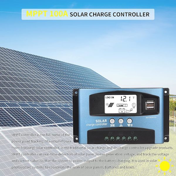 100A solcelleladningsregulator, 12V/24V MPPT adaptiv opladning Sola