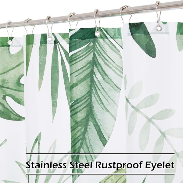 Mildew-resistent bruseforhæng, grønne blade tropiske planter bruseforhæng polyesterstof til badeværelse med 12 kroge vandtæt, 180 x 200 cm