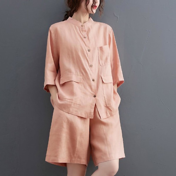 Dam Casual Solid Color Bomull Linne Bredben Byxor Två Delar