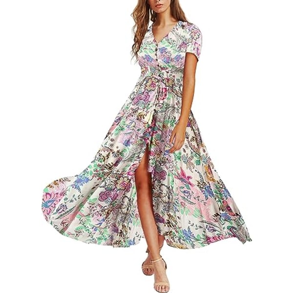 Kvinner Button Up Floral Print Party Split Flowy Maxi Dress XL