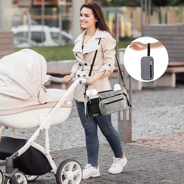 Klapvogns- og Barnevogns-Organizer, Universal Klapvognsopbevaringstaske med 2 Isolerede Kopholdere Flaskeholdere, Stor Kapacitet Lomme til Telefon og Baby Tilbehør