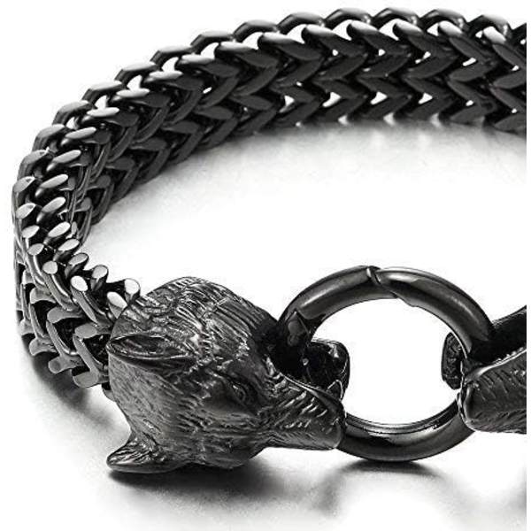 Herrar Rostfritt Stål Varg Huvud Franco Länk Kedja Armband med Fjäderring Spänne 8.7\", Rostfritt Stål