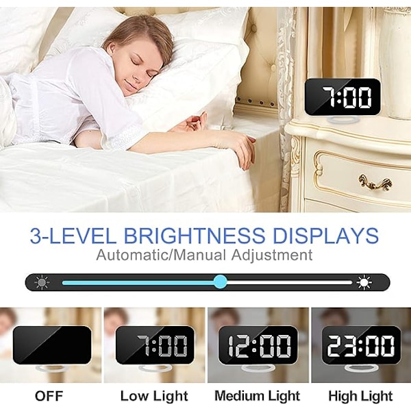 Digital väckarklocka, 7\" LED-spegel elektroniska klockor, med 2 USB-laddningsportar, snooze-läge, automatisk justering av ljusstyrka, moderna skrivbordsväggklockor för sovrum vardagsrum kontor - Vit