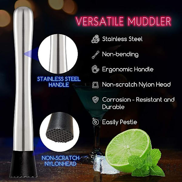 10 tuuman ruostumattomasta teräksestä valmistettu cocktail-muddler ja sekoituslusikka kotibaariin