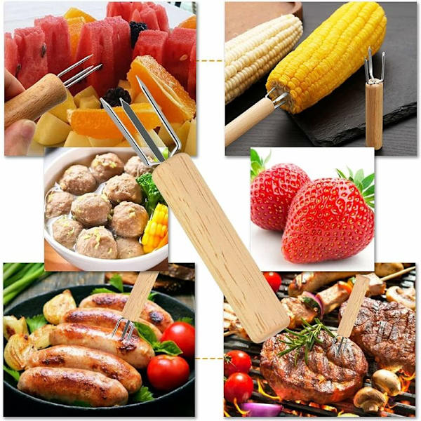 Fruktgaffel 3-tannet Maissteker med treskaft Rustfritt Maissteker Grillspyd BBQ Skarpe Maissteker for fruktgrønnsak Maiskolbe BBQ 10 X 1,5 cm 8 stk