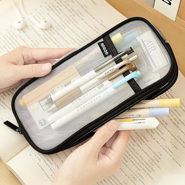 Rutnät Mesh Pennfodral med blixtlås Genomskinlig Makeup Färgpåse Kosmetisk Väska Multifunktionell Reseskola Tonårsflickor Transparent Stationär Väska Kontor