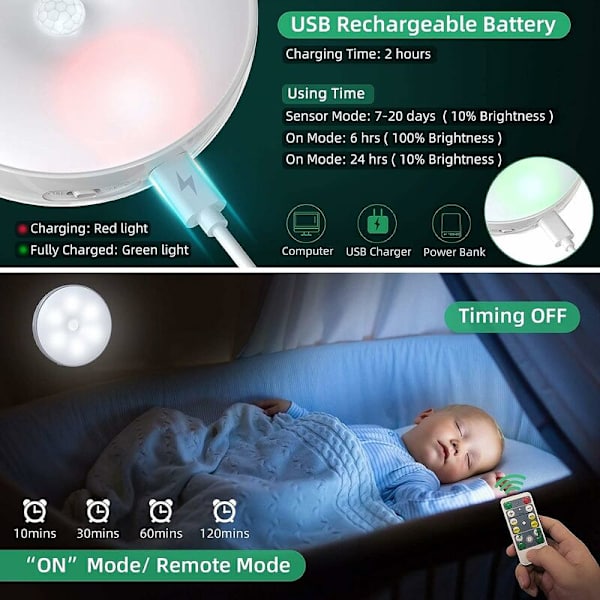 LED nattlys skaplampe, USB oppladbar 3-pak trådløs nattlys med berøringskontroll og fjernkontroll dimbar lysstyrke drevet skaplampe