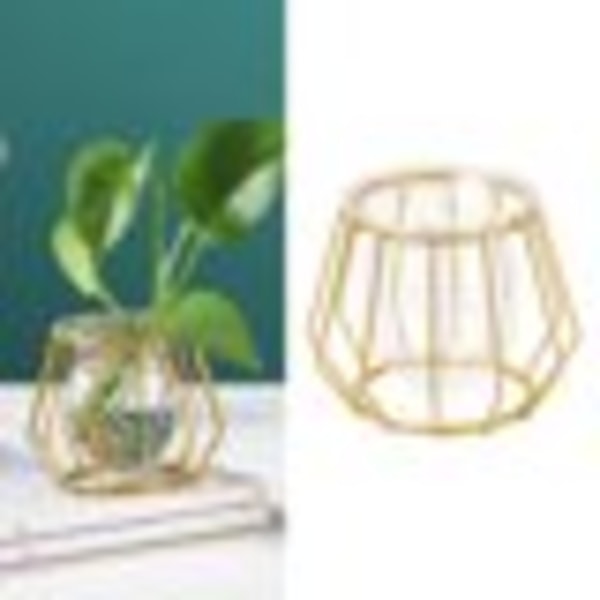 Hemväxt Blomvas Metalltråd Glas Växtkruka 3D Geometrisk Bord Dekoration Guld