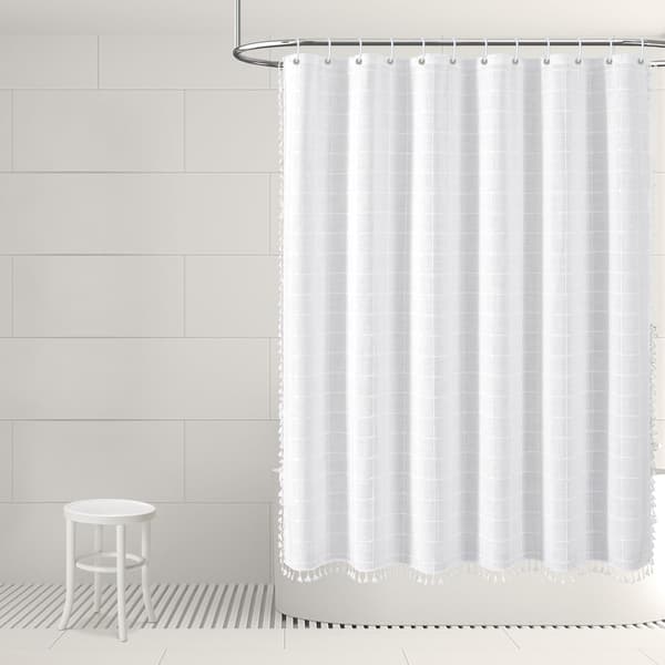 Farmhouse Vit Stall Duschdraperi - Boho Modern Linnetyg Duschdraperi