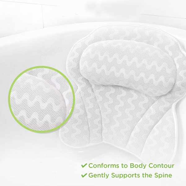 Luksuriøs badekarpute for badekar - Ergonomisk badekarpute for nakke- og ryggstøtte - Badekarpute for ren komfort - Pustende 3D-quiltet mesh - Air Mesh-teknologi støtter ledd (hvit)