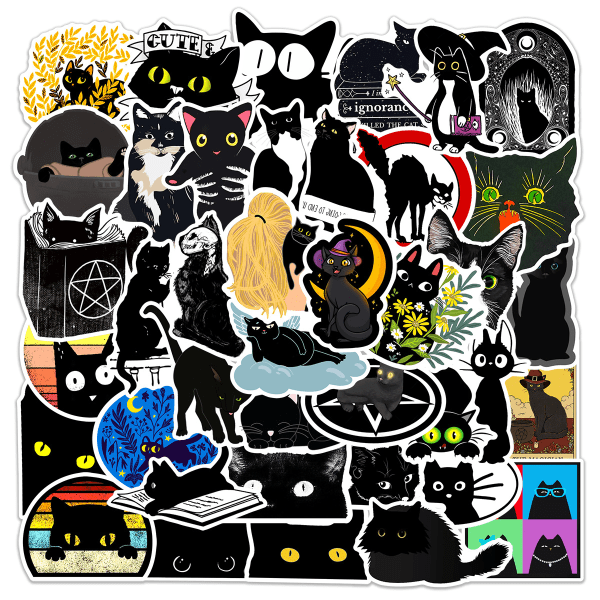 50Pcs Black Cat Stickers for Phone Laptop Water Bottle Skateboard Luggage Car Bu