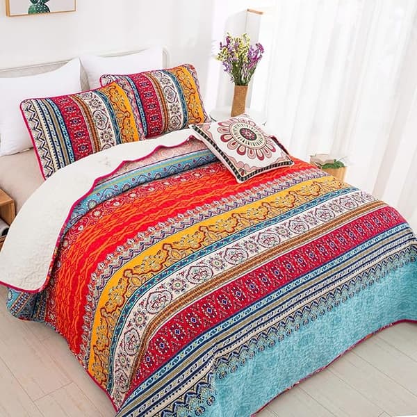 Bohemian Quiltet Sengetæppe Dobbelt 3-delt Patchwork Vendevendbart Dyne Blødt