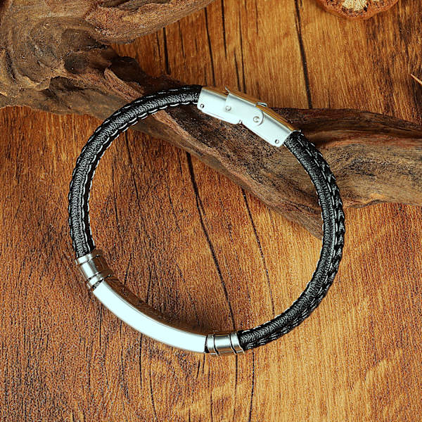 Svart läderarmband för män, tonårspojkar, silverfärgat rostfritt stål, justerbart spänne