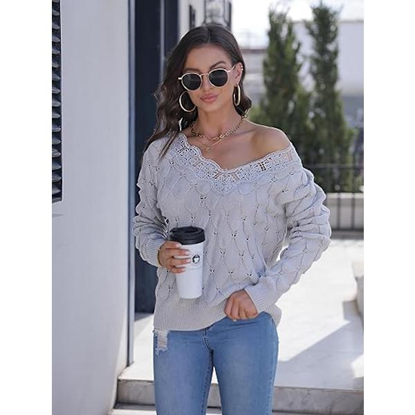 Kvinners blonder V-hals lang ermet pullover gensere lett strikket