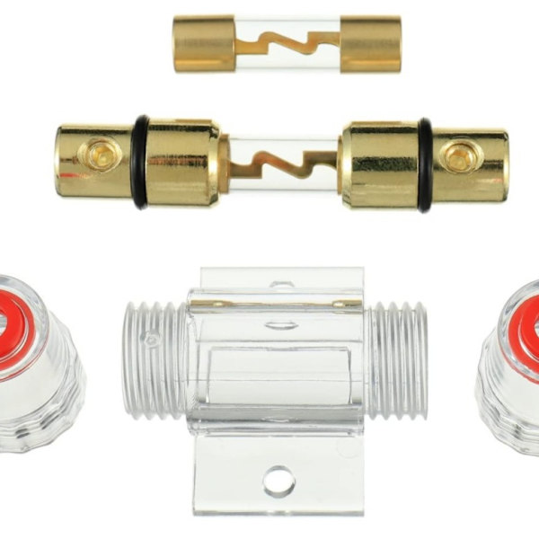 1 gullforgylt AGU-sikringholder og 2 gullforgylte AGU-glasssikringer 60A