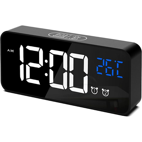 Digital väckarklocka, LED digital väckarklocka temperatur/snooze/2 larm/12/24 timmar/USB-laddningsport/16 låtar (svart)