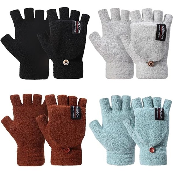 4 par fingerlösa handskar för kvinnor Vintervarma vantar med vik