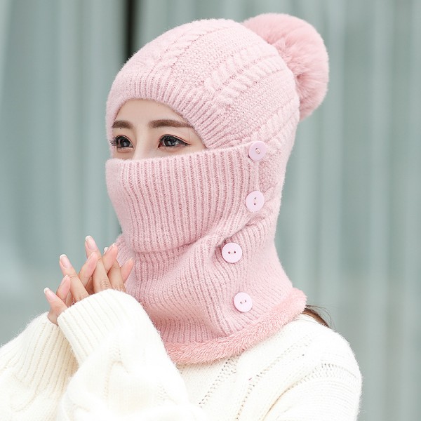 Dam vintermössa one-piece ullfoder stickad mask set rosa