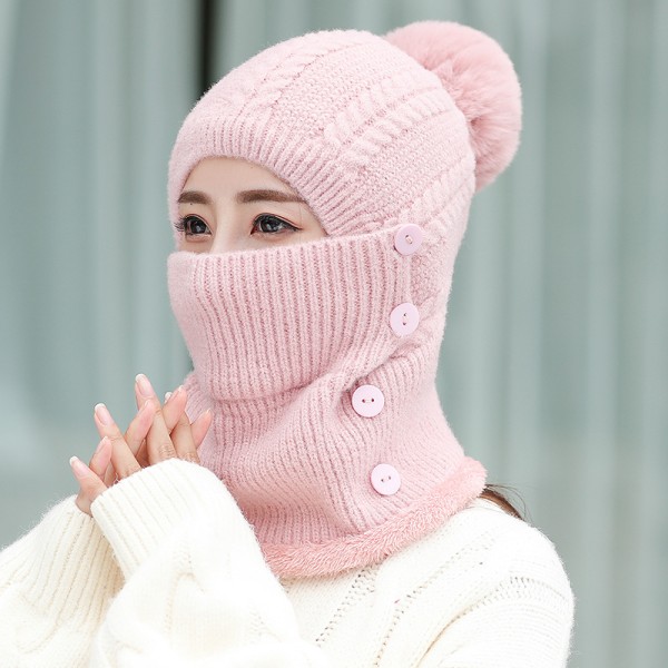 Kvinders vinterhue i ét stykke uldforing strikket maskedragt pink