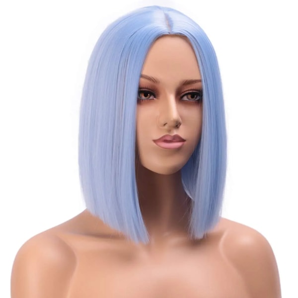 Light Blue Wig Synthetic Straight Hair Bob Cut Wig Middle Part Sh