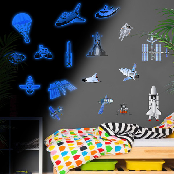 Glow in the Dark Stjerner til Loft, Galaxy Raket Rumskib  Vægklistermærker til Drenge Småbørn Børns Soveværelse Børneværelse Legestue Vægdekoration