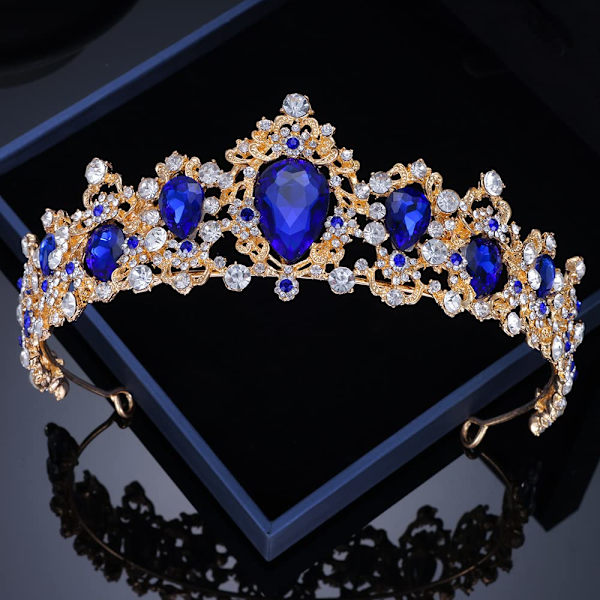 Vintage barok krystal krone med rhinsten - Tiaraer og kroner til kvinder - Prinsesse krone med rhinsten til jul/bryllup/bal/konkurrence/kostume fødselsdagsfest/fotografering (blå)