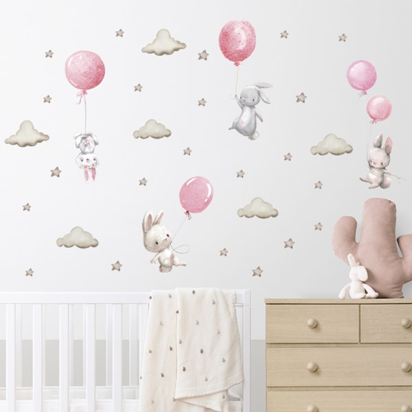 Akvarell rosa ballong Bunny Cloud veggklistremerker for barnerom Baby barnehage Roo