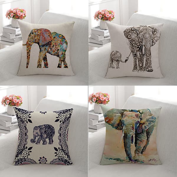 Set med 4 elefantmönstrade soffkuddsöverdrag 45x45cm linnedekor