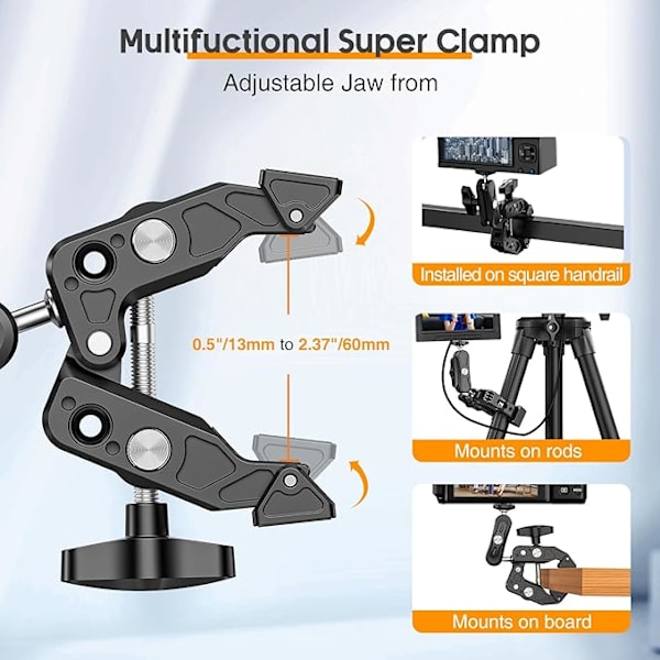 Super Clamp -kamerakiinnike 1/4 ja 3/8 tuuman kierteillä, Mini Magic Arm Super Clampilla, 360° pallopäävarsi DLSR-kameralle, Gopro, Action Cam, Mon