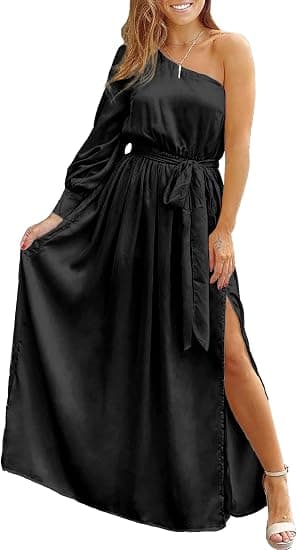Dame Satin Langærmet One Shoulder Maxi Kjole Asymmetrisk Bælte