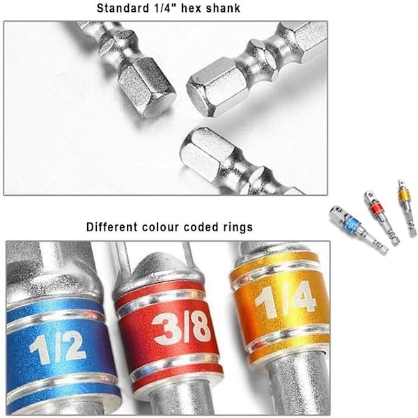 Hylshållare Adaptrar på Borr/Slagskruvdragare. Set med 3 fyrkantsfäste chuckadaptrar 1/4\", 1/2\", 3/8\"