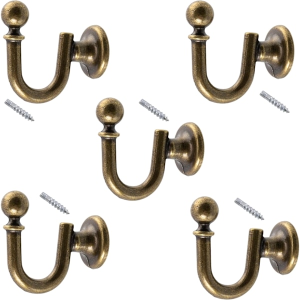 Set med 5 väggkrokar - krok/hängare upphängning klädhängare hatt badrock badrum handduk dusch WC - metall - antik guldfärg