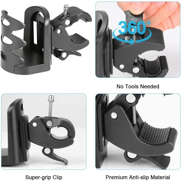 Kopholder til klapvogn, 360° roterende drikkeflaskeholder, universel til rollatorer, kørestole, cykler, motorcykelklapvogne, nem at installere, sort