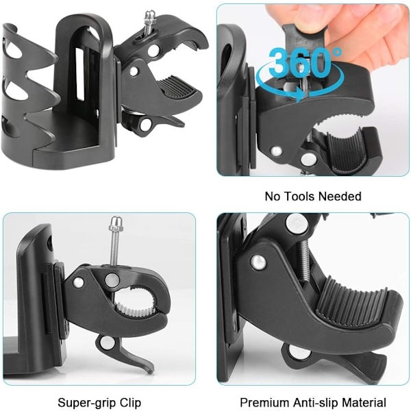 Mugghållare för barnvagn, 360° roterande dryckeshållare universell för rullatorer, rullstolar, cyklar, motorcykelbarnvagnar, enkel att installera, svart