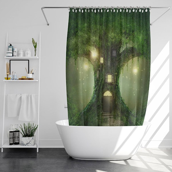 180x180cm Magisk Træhus Bruseforhæng Fantasy Skov Træ Grene Græs Badeforhæng Natur Fe Rige Badeforhæng til Børnebadeværelse med Kroge