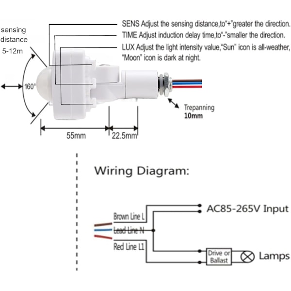 2 stk. PIR Krops Infrarød Bevægelsessensor AC 85-265V(220V), 12m Detektionsrækkevidde ved 160°, 10mm Monteringshul