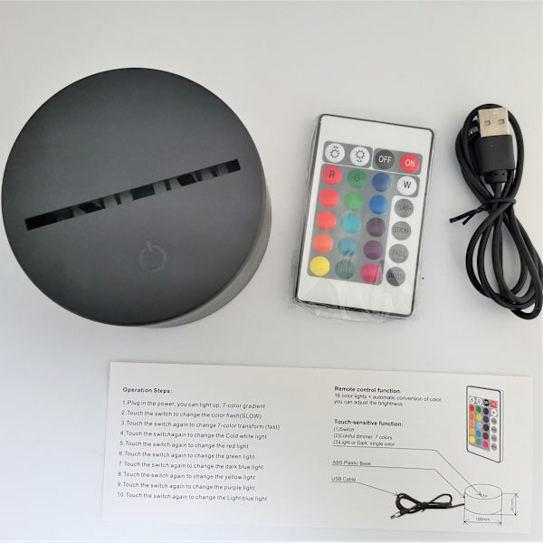 3D LED-valaisimen jalusta Yölamppu Kaukosäädin USB-kaapeli Säädettävä