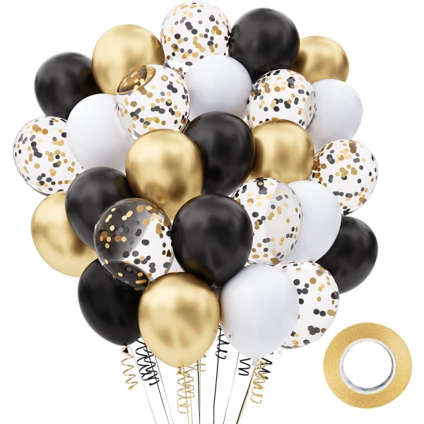 Svart guld konfetti latex ballonger, 60 pack 12 tum svart metalli