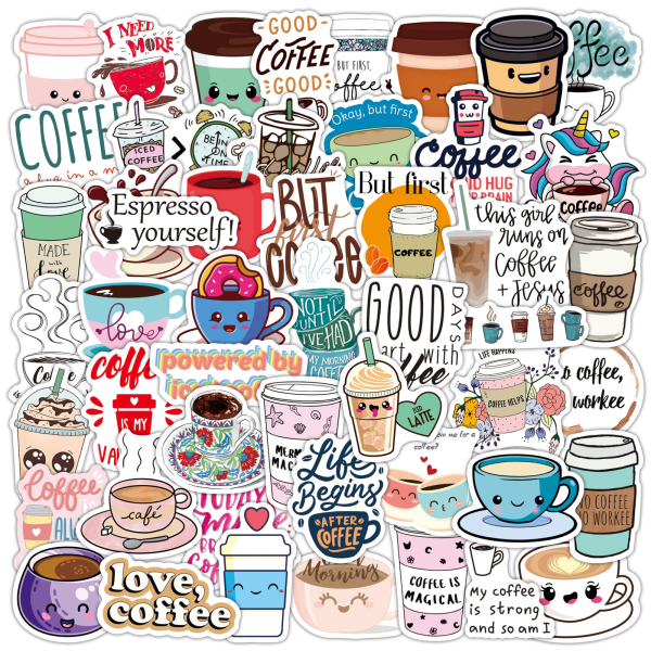 Kaffeklistermärken för bärbar dator (50 st), present till tonåringar Vuxna flickpojkar, kaffekopp