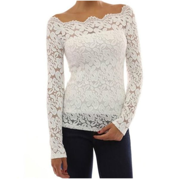 Kvinde Off Shoulder Floral Lace Top Hæklet T-Shirt, 1 stk - Hvid,