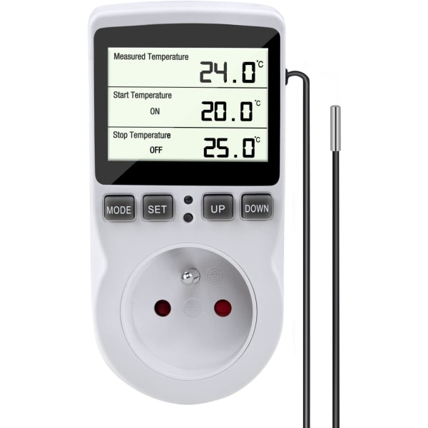 Termostatkontakt, digital temperaturregulator, digital programmerbar stikkontakt med probe, programmerbar digital timer, varme termostatkontakt for drivhus, akvarium