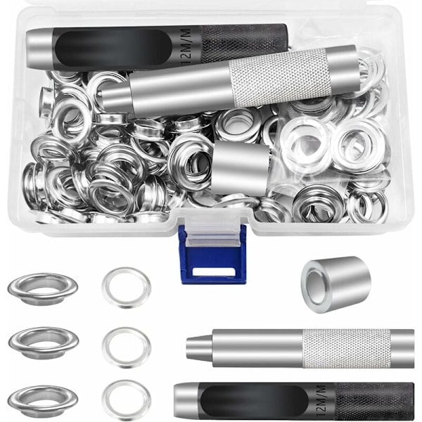 Grommet-työkalut 12mm Metalli Grommet-sarjat 100 sarjaa Grommet-sarja Silmäkkeet Sarja Kankaalle Peite Teltin Korjaus Hopea (1/2 Tuumaa)
