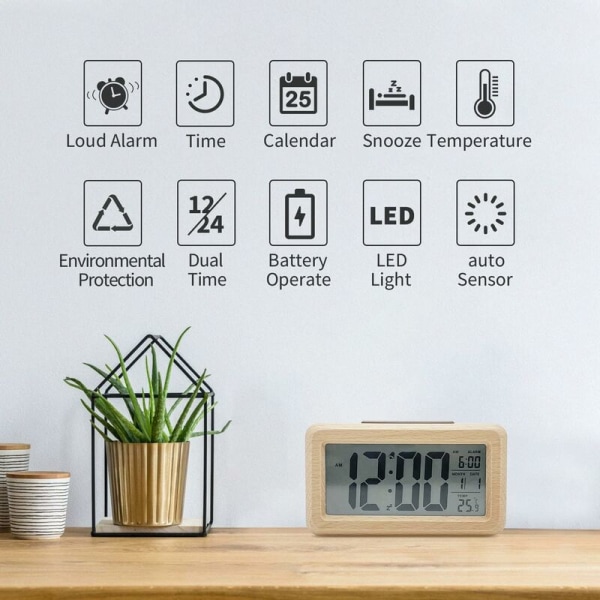 Trädigital väckarklocka, aboveClock LED väckarklocka icke-tickande digital klocka med datum, temperaturvisning, snooze-funktion, batteridriven digital klocka, 3 AAA-batterier krävs