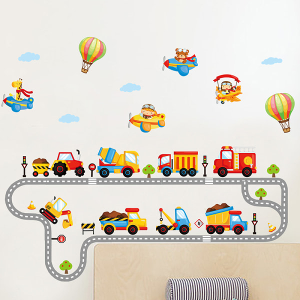 Tecknad ingenjörsbil bilbana väggklistermärken DIY barns ro