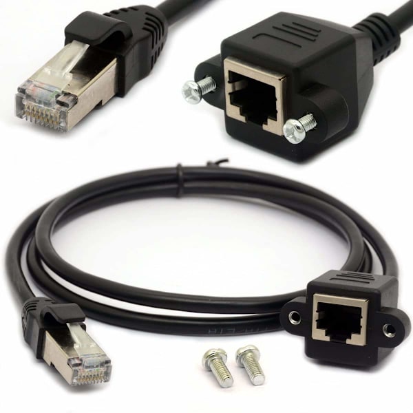 RJ45 Ethernet Skjøtekabel - Cat 5E/5 Cat 6 - Hann til Hunn - Skjermet Skrue - Panelmontering - LAN Internett Nettverkskabel 1.5 Meter