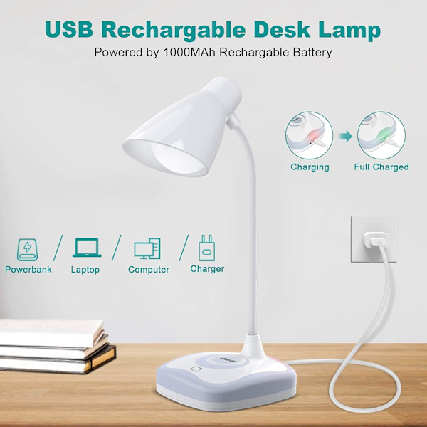 Skrivbordslampa, USB-laddningsbar LED-läslampa med flexibel hals, ögonskydd, 3 ljusstyrkenivåer med touch-kontroll, bordslampa med stämningsljus
