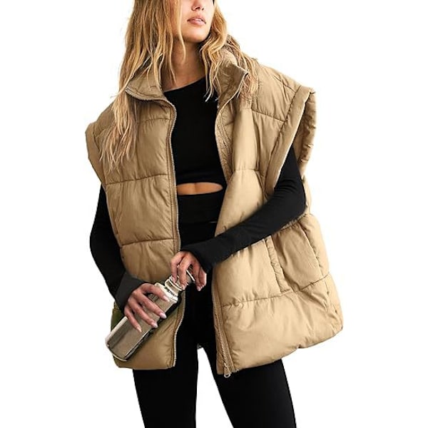(M) Naisten rento talvinen oversized-puffer-liivi pystykauluksella ja lentävillä hihoilla, eristetty ja topattu, taskuilla