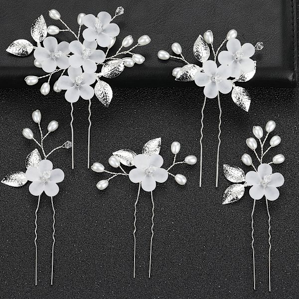 5 st bröllop brud hårnål clips, strass hårklämmor U-formade hårnålar (vit)