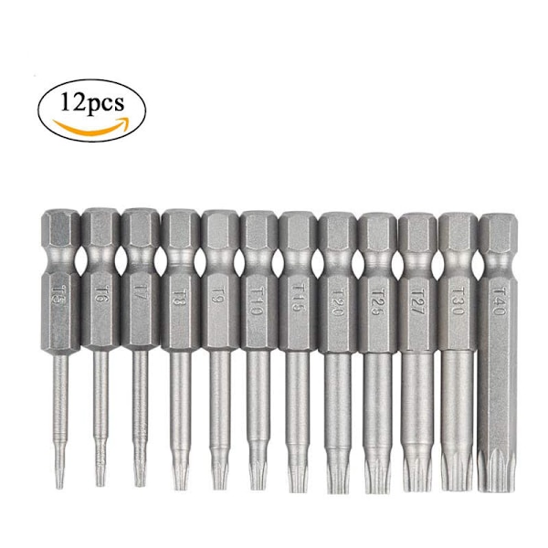 12-pack 6,35 mm T5-T40 S2 sexkantshuvud Torx skruvmejselbitar Tamper Proof Security Steel Star 6-punkts verktygssats