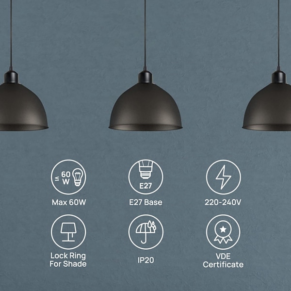 Sett med 2 E27 Pendellamper med Skruring, 100CM Justerbar Kabel, E27 Pendellampeholder, Kompatibel med Lampeskjerm, for Takbelysning Stue R